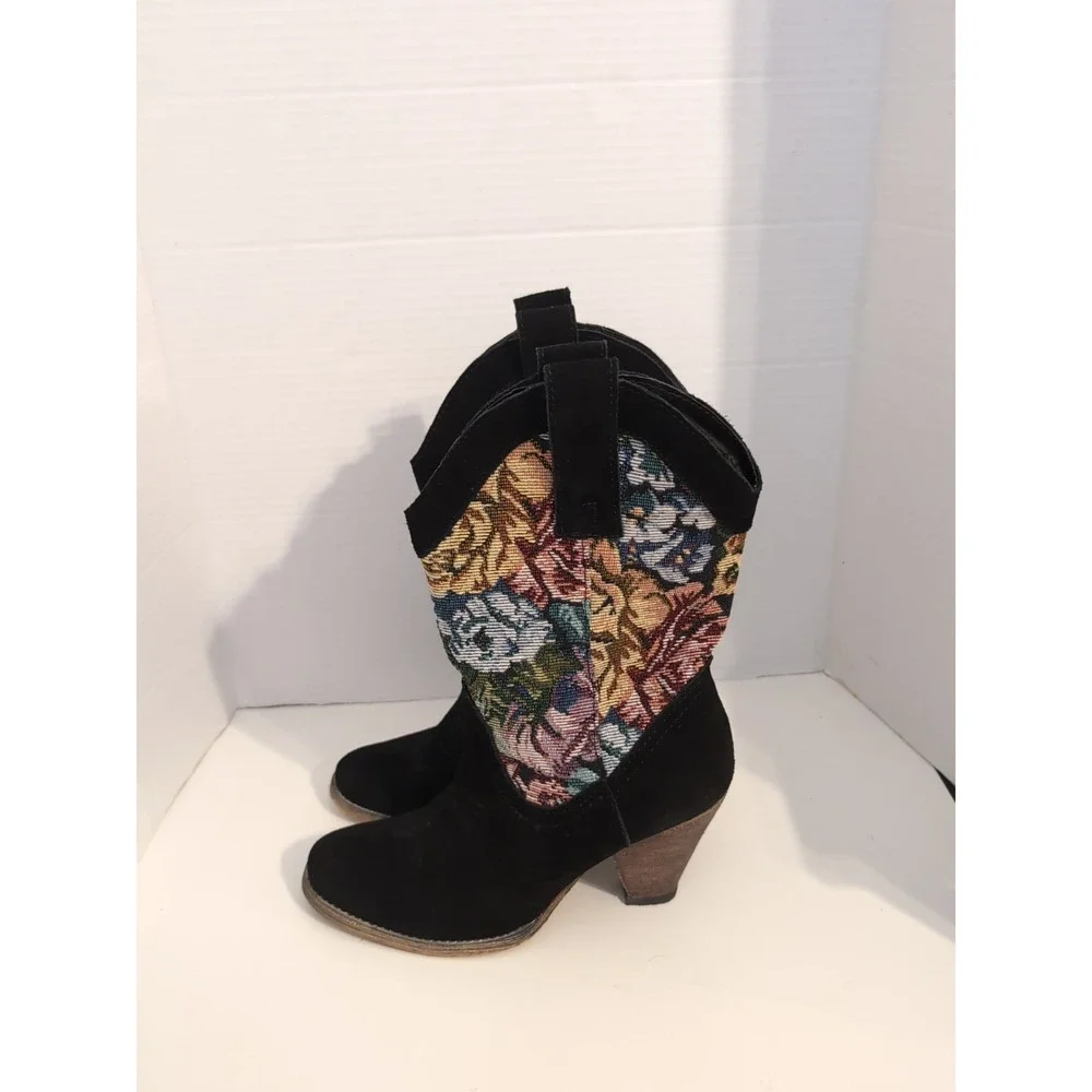 Vtg Very Volatile Women's Floral Tapestry Suede Heeled Cowgirl Boots 7.5 Cottage